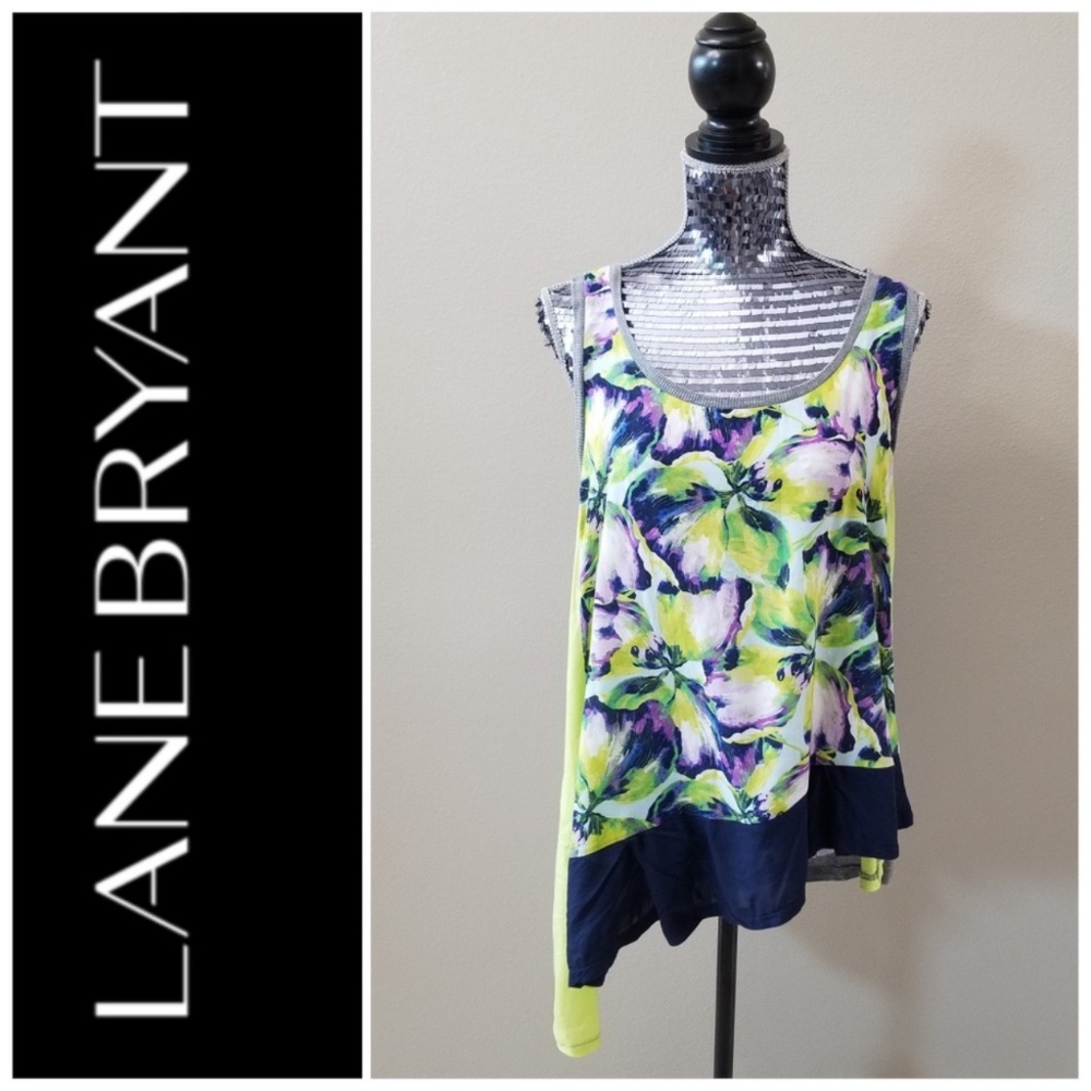 Lane Bryant Neon Yellow Assymetrical Top Floral Tropical 14/16